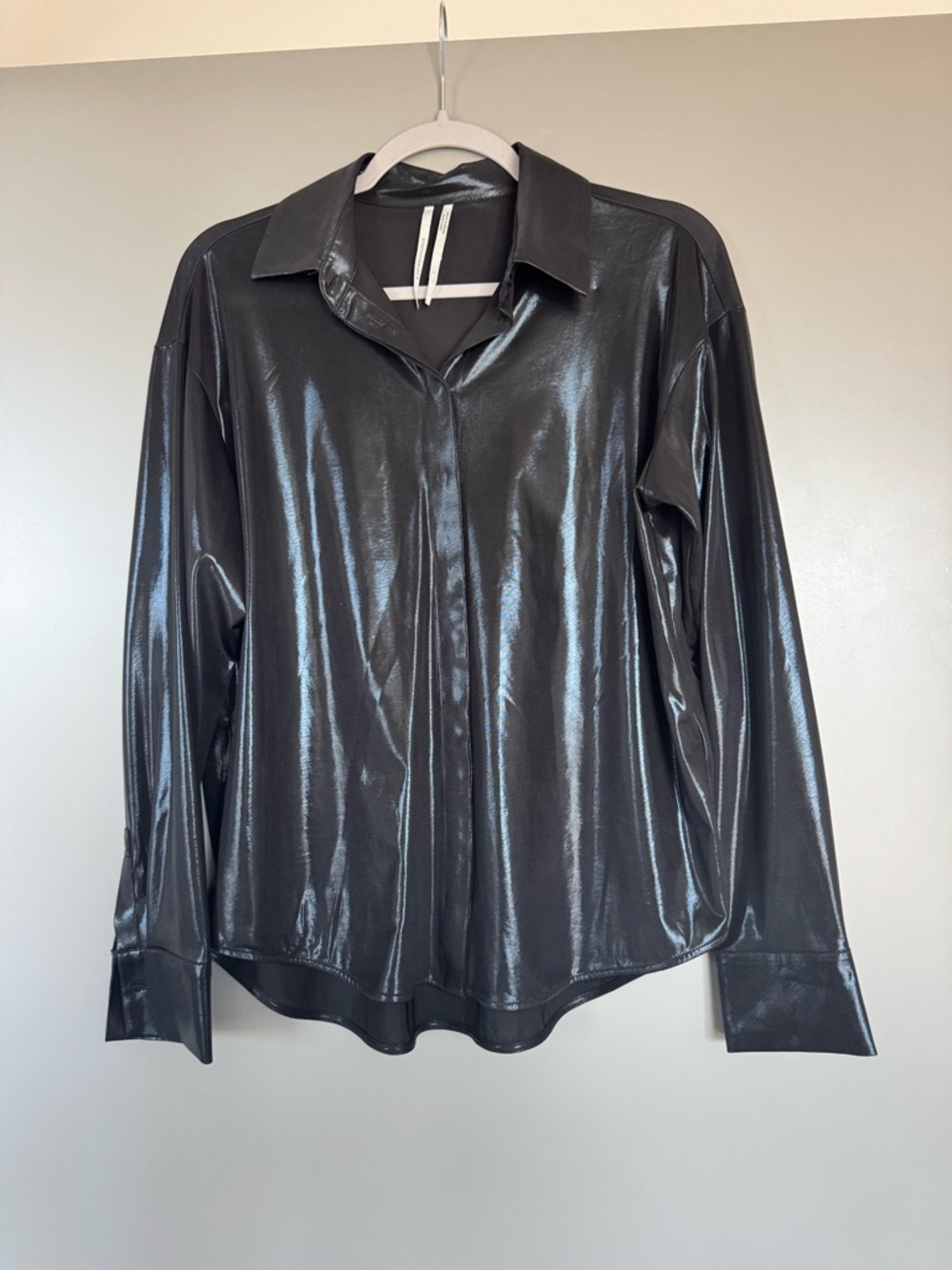 Anthropologie Black Shiny Button-Up Blouse